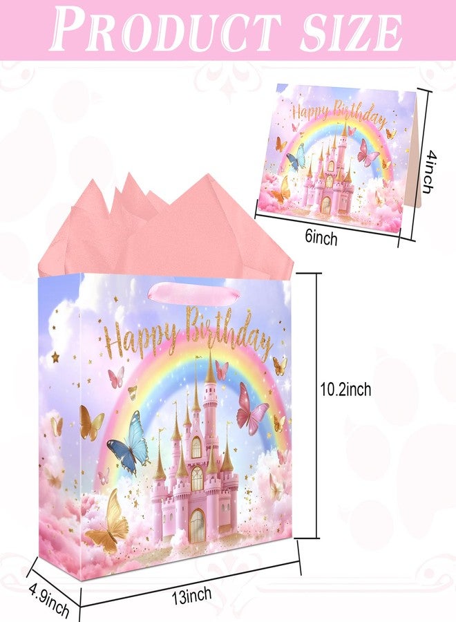 حقيبة هدايا قلعة الأميرة من جوارهونال - حقيبة هدايا كبيرة مقاس 13 بوصة لعيد ميلاد سعيد مع ورق مناديل وبطاقة للبنات والأطفال، لوازم حفلات عيد ميلاد بطابع الأميرة باللون الوردي - Image 2